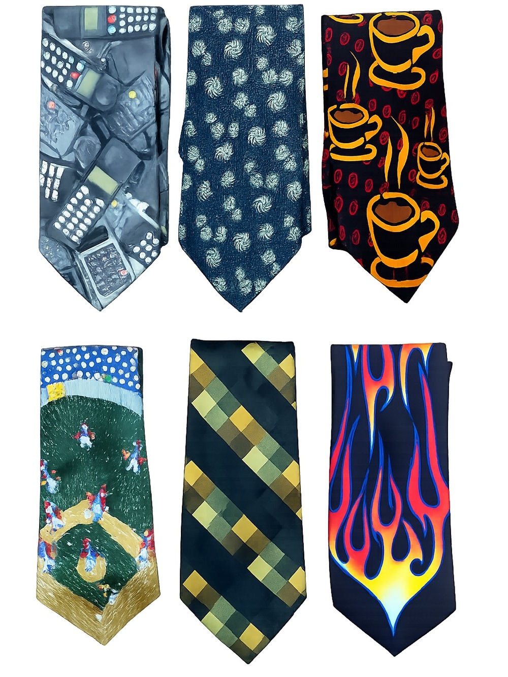 Vintage Novelty Necktie Lot of 6 Phones Flames Baseball Coffee Retro Men’s Ties